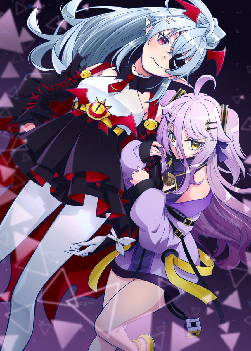 2girls, ahoge, arm_belt, belt, black_skirt, closed_mouth, cross-laced_clothes, cross-laced_sleeves