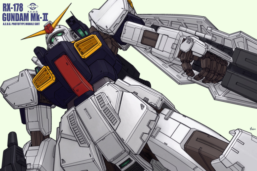 from_below, gun, gundam, gundam_mk_ii, mecha, no_humans, shield, simple_background