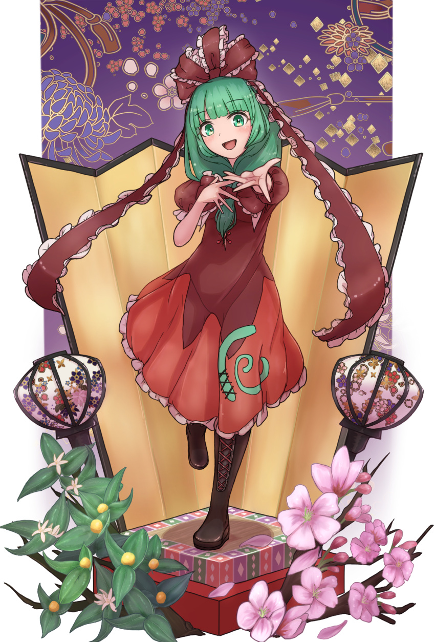 1girl, :d, black_footwear, blunt_bangs, bonbori_(lighting), boots, border, bow, commentary, cross-laced_footwear, dress, flower, flower_request, folding_screen, frilled_bow, frilled_dress, frilled_ribbon, frilled_sleeves, frills, front_ponytail, green_eyes, green_hair, hair_bow, hair_ribbon, hand_up, highres, hinamatsuri, kagiyama_hina, lantern, long_hair, looking_at_viewer, open_mouth, outstretched_arm, paper_lantern, plum_blossom_print, plum_blossoms, puffy_short_sleeves, puffy_sleeves, purple_background, reaching, reaching_towards_viewer, red_bow, red_dress, red_ribbon, ribbon, short_sleeves, smile, solo, standing, standing_on_one_leg, touhou, white_border, yuzu5p4