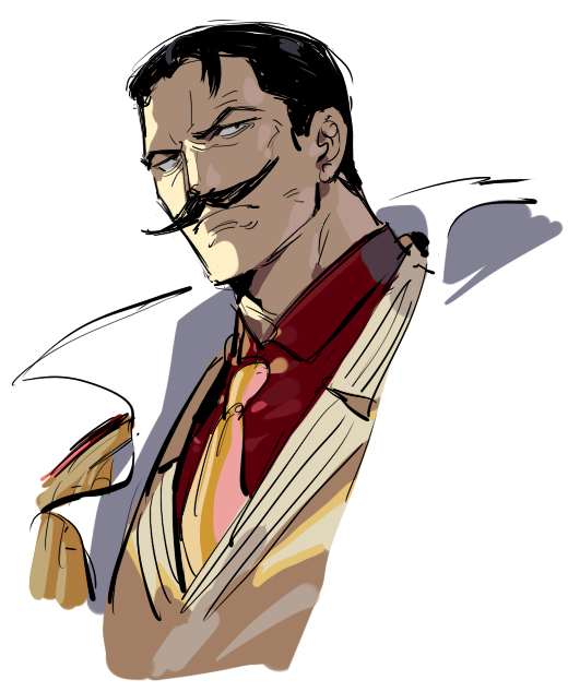 1boy, black_hair, epaulettes, facial_hair, from_below, jacket, looking_to_the_side, male_focus