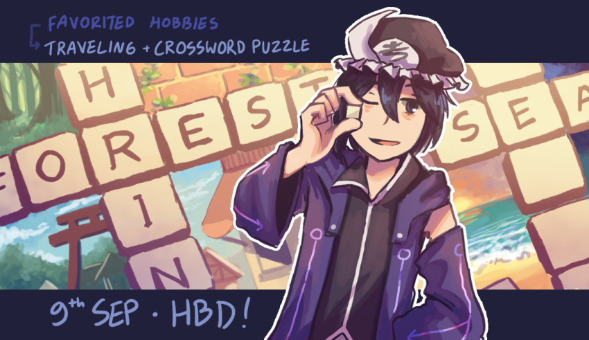 1other, androgynous, arrow_print, beach, birthday, black_hair, black_headwear, black_shirt