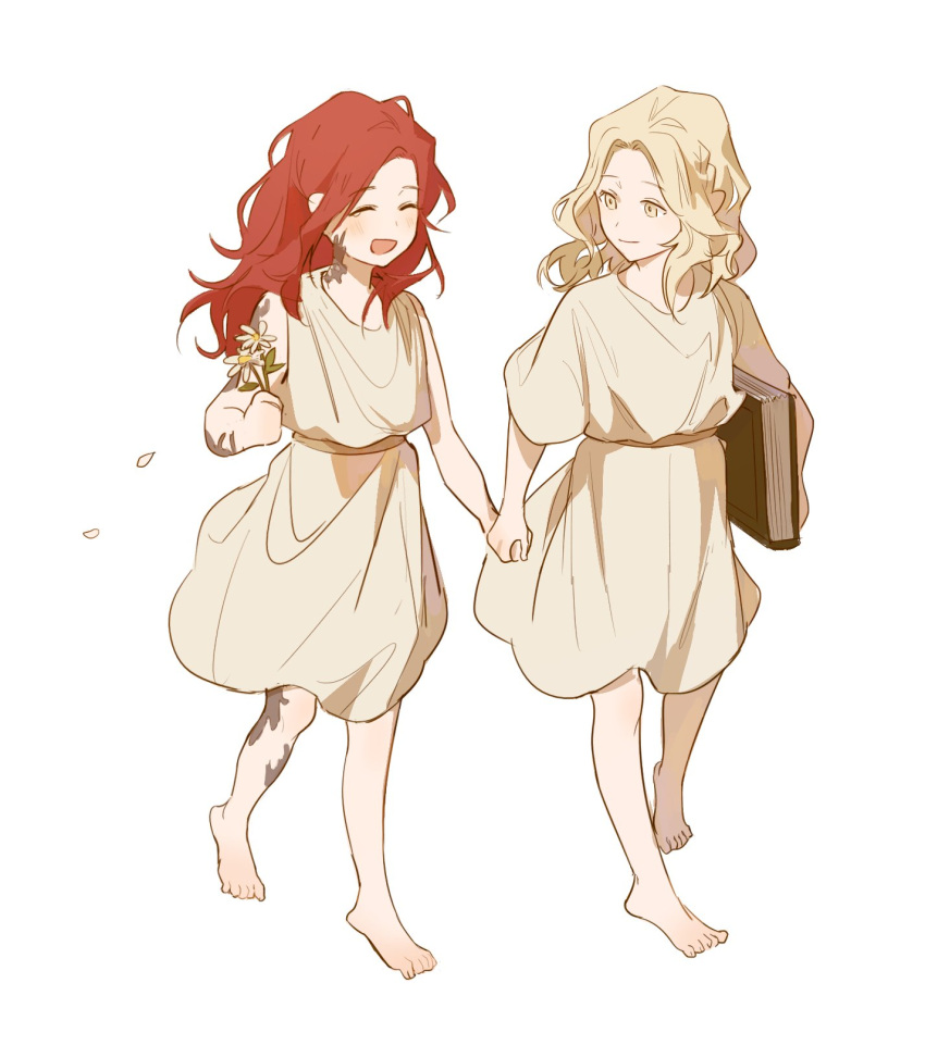 1boy, 1girl, :d, ^_^, barefoot, blonde_hair, book, brother_and_sister
