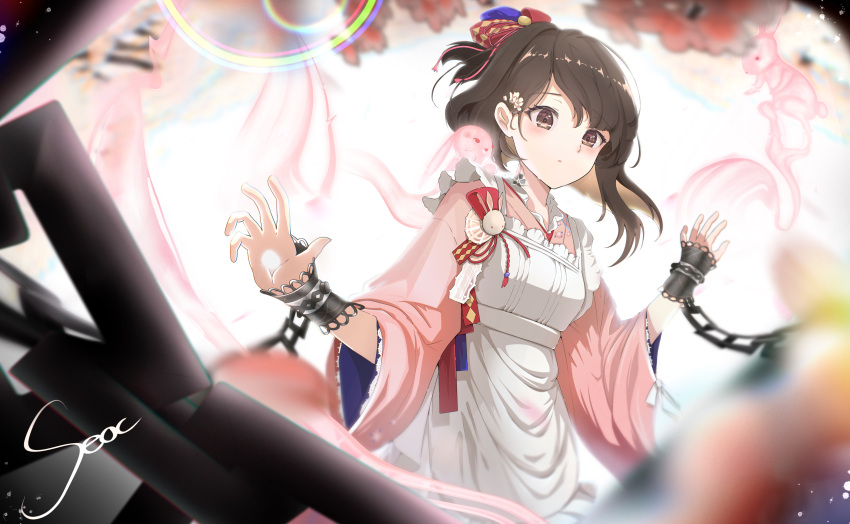 1girl, absurdres, apron, artist_name, blurry, blurry_foreground, bow, brown_eyes