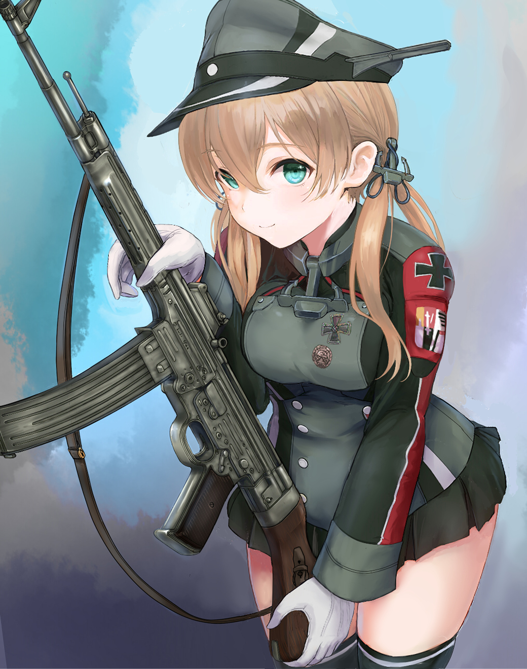 1girl, anchor, anchor_hair_ornament, aqua_eyes, assault_rifle, black_skirt, blonde_hair, closed_mouth, commentary_request, cross, em_s, gloves, gun, hair_ornament, hat, highres, iron_cross, kantai_collection, low_twintails, microskirt, military, military_hat, military_uniform, peaked_cap, prinz_eugen_(kancolle), redrawn, rifle, skindentation, skirt, smile, solo, stg44, thigh-highs, twintails, uniform, weapon, white_gloves