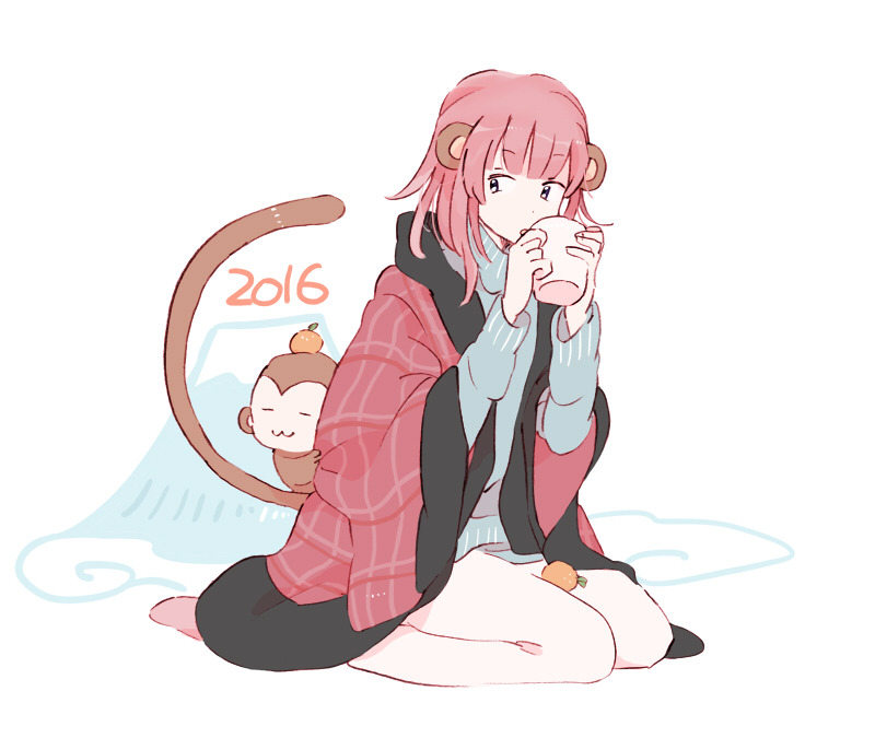 1girl, 2016, animal_ears, bare_legs, blue_sleeves, blue_sweater, blunt_bangs, chinese_zodiac