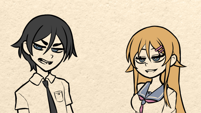 1boy, 1girl, black_hair, black_necktie, blonde_hair, blue_sailor_collar, brother_and_sister, commentary, english_commentary, hair_ornament, hairclip, highres, jaheterbang, kousaka_kirino, kousaka_kirino's_school_uniform, kousaka_kyousuke, long_hair, looking_at_another, neckerchief, necktie, ore_no_imouto_ga_konna_ni_kawaii_wake_ga_nai, parody, pink_neckerchief, sailor_collar, school_uniform, short_hair, siblings, style_parody, the_coffin_of_andy_and_leyley, upper_body, yellow_background