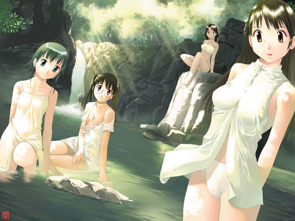 barefoot, dress, forest, glasses, iuro, multiple_girls, nature, swimsuit, water, waterfall, yiouf_works