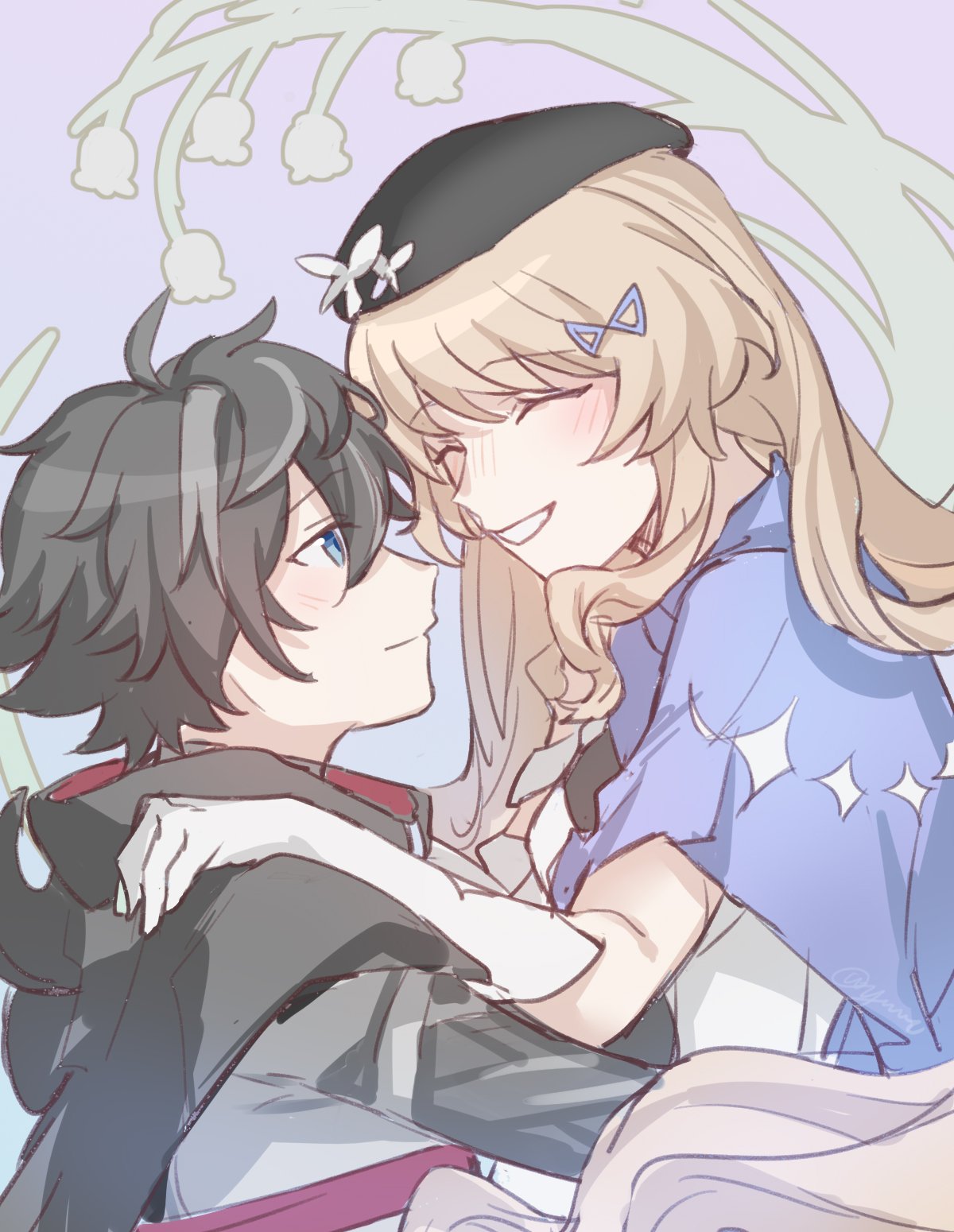^_^, beret, black_hair, black_headwear, blonde_hair, blue_capelet, blue_eyes, blush