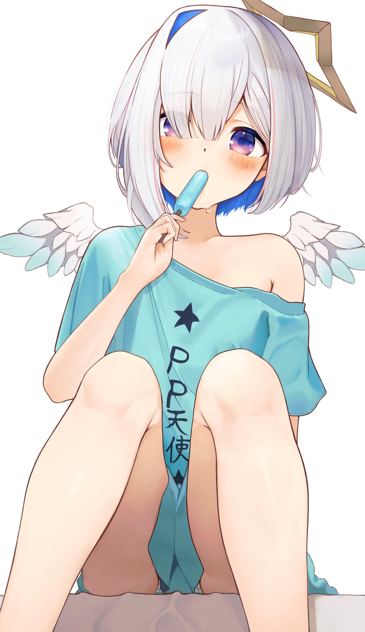 1girl, amane_kanata, bare_shoulders, blue_hair, blush, buket_pudding_i, commentary, eating