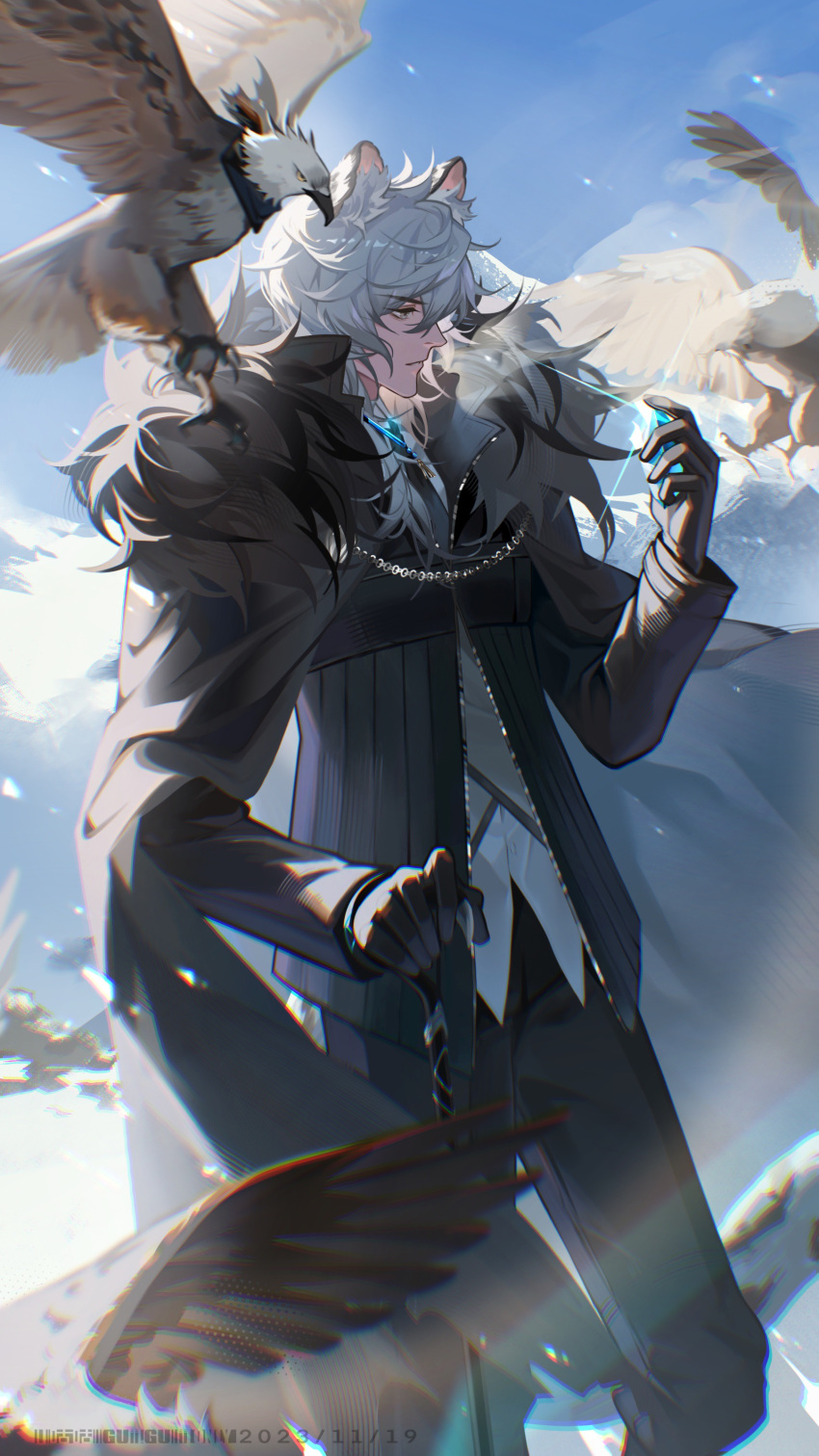 1boy, absurdres, animal_ears, arknights, artist_name, bird, black_coat, black_pants