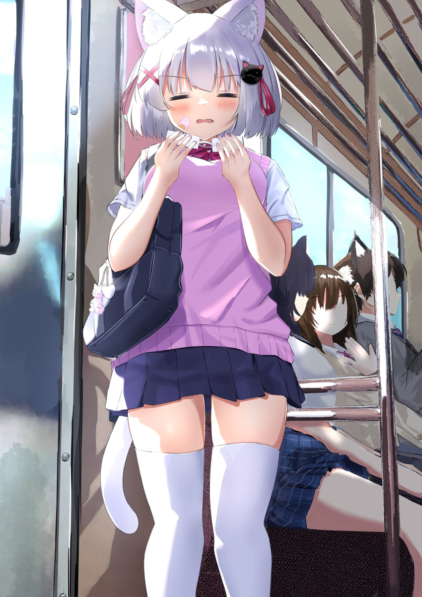 1boy, 3girls, =_=, absurdres, animal_ear_fluff, animal_ears, ashitaba_kemo, bag_charm