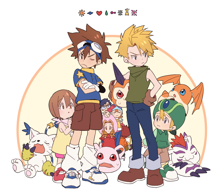 blonde_hair, blue_eyes, brother_and_sister, brown_footwear, brown_hair, brown_shorts, child, computer, digimon, digimon_adventure, gabumon, glasses, gloves, heart, ishida_yamato, izumi_koshiro, kido_jo, kooribinu, koromon, laptop, one_eye_closed, orange_hair, pants, patamon, red_eyes, shoes, short_hair, shorts, siblings, star_(symbol), tachikawa_mimi, tailmon, takenouchi_sora, tunomon, yagami_hikari, yagami_taichi