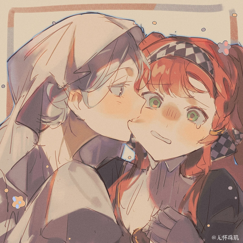 2girls, biting, blush, braid, brown_background, checkered_hairband, cheek_biting, chinese_commentary