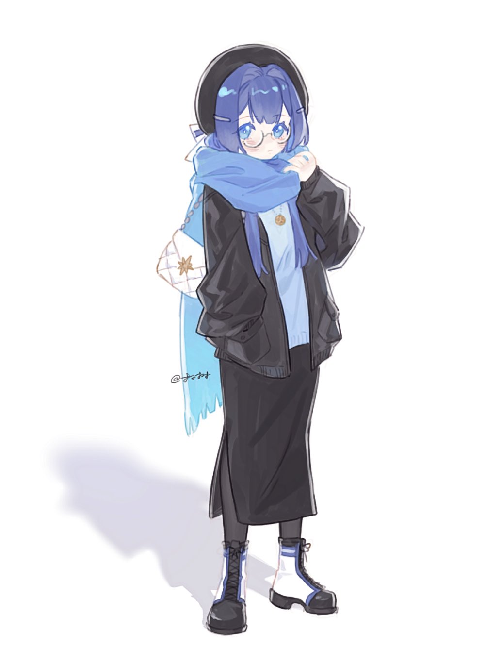 1girl, beret, black_headwear, black_jacket, black_pantyhose, black_skirt, blue_eyes, blue_hair, blue_scarf, blush, boots, closed_mouth, commentary_request, cross-laced_footwear, full_body, glasses, hair_intakes, hand_in_pocket, hand_up, hat, highres, honkai:_star_rail, honkai_(series), jacket, lace-up_boots, littletreeee, long_hair, long_sleeves, looking_at_viewer, open_clothes, open_jacket, pantyhose, pela_(honkai:_star_rail), puffy_long_sleeves, puffy_sleeves, scarf, shadow, shirt, simple_background, skirt, sleeves_past_wrists, solo, standing, twitter_username, very_long_hair, white_background, white_footwear, white_shirt