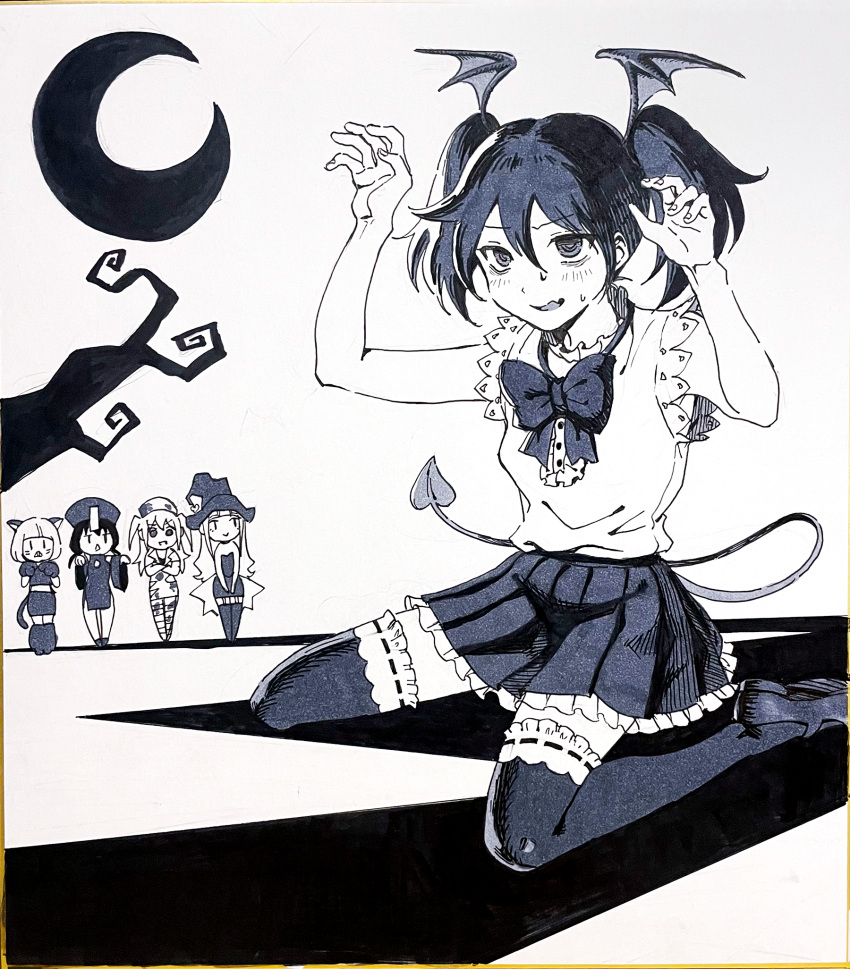 5girls, :>, bandaged_leg, bandages, blood, blood_on_clothes, blood_on_hat, branch