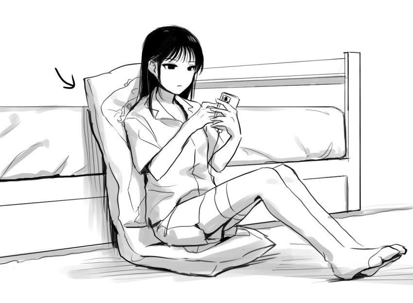 1girl, :|, bed, bedside, closed_mouth, dakimakura_(object), empty_eyes, mima_sachi