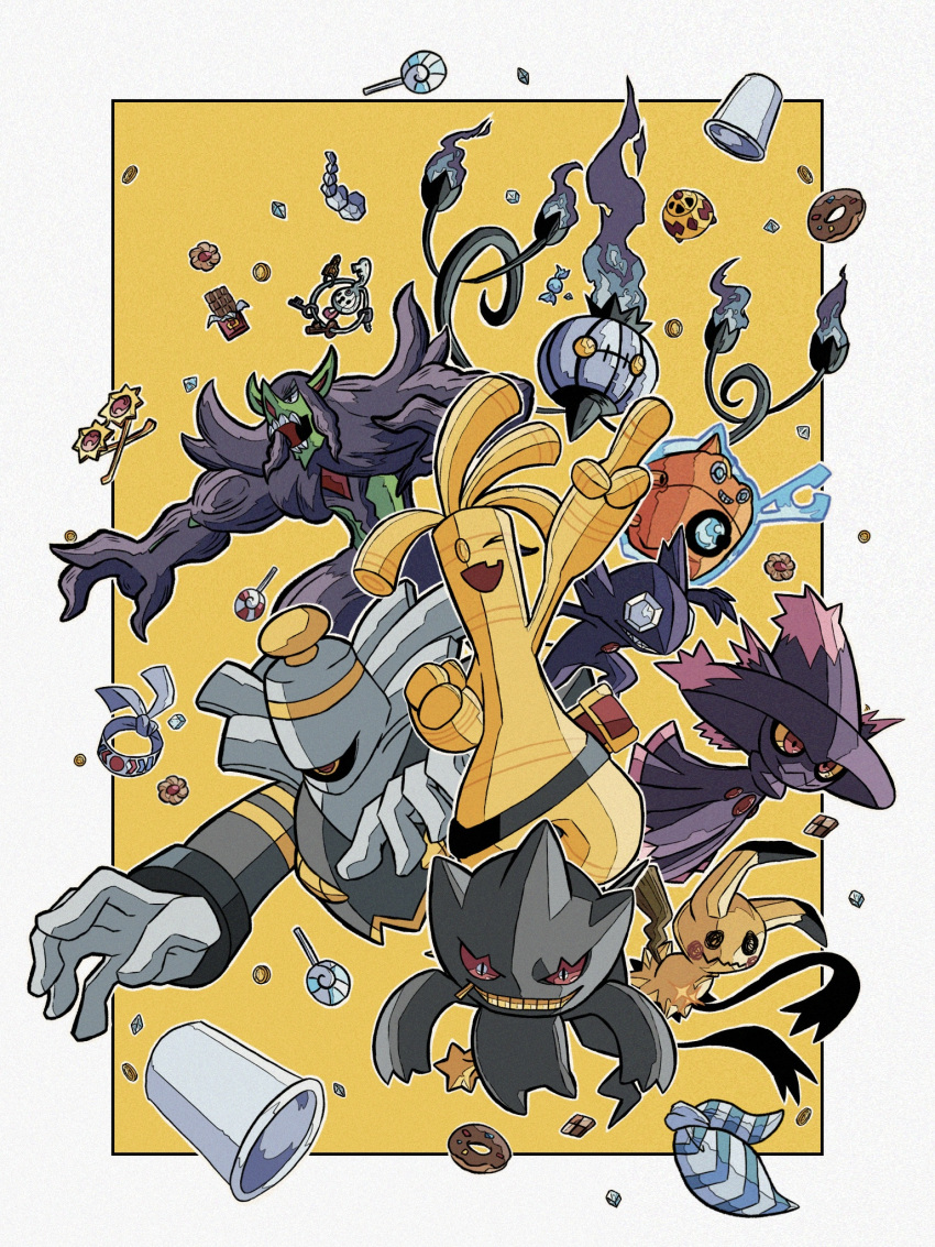 >_o, ;d, arm_up, banette, biscuit_(bread), border, candy, chandelure