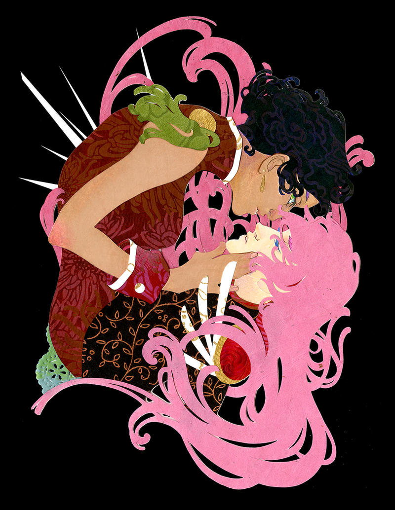 2girls, black_background, black_hair, black_shirt, closed_eyes, collared_dress, colored_eyelashes, commentary