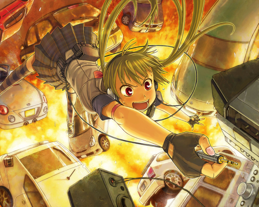 car, daihatsu, explosion, fingerless_gloves, fire, gloves, green_hair, headphones