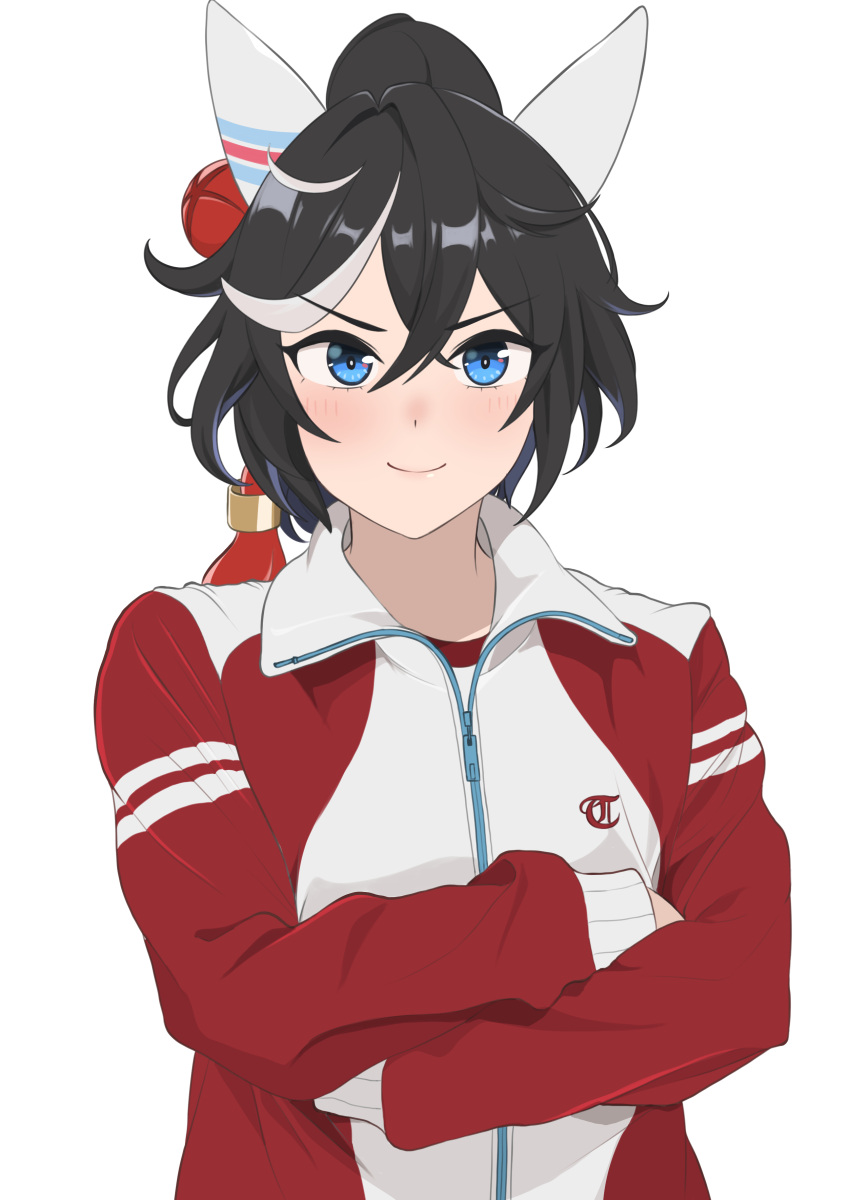 1girl, absurdres, animal_ears, black_hair, blue_eyes, closed_mouth, commentary_request, crossed_arms