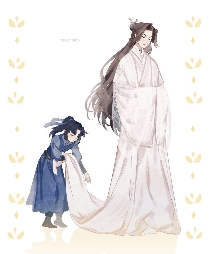 2boys, absurdres, age_difference, black_eyes, black_hair, boots, brown_eyes, brown_footwear, brown_hair, chinese_clothes, chu_wanning, colored_shadow, erha_he_tadebai_mao_shizun, expressionless, hair_bun, hair_ornament, hair_ribbon, hairpin, hands_in_opposite_sleeves, high_ponytail, highres, holding, holding_clothes, long_hair, long_sleeves, looking_down, masyanajoy, mo_ran, multiple_boys, patterned, ponytail, ribbon, shadow, simple_background, tassel, twitter_username, white_background