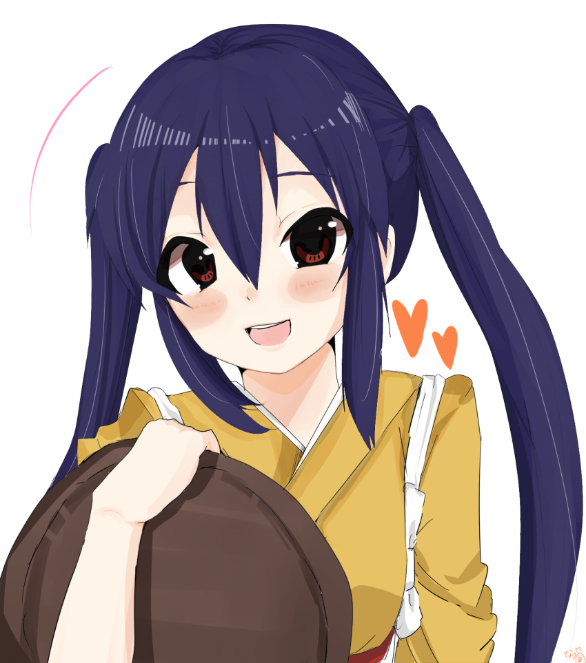 blue_hair, brown_eyes, japanese_clothes, k-on!, kimono, nakano_azusa, natsu_(norari_kurari), tray