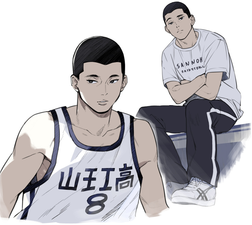 1boy, basketball_jersey, basketball_uniform, black_eyes, black_hair, black_pants, buzz_cut, crossed_arms, full_body, ichinokura_satoshi, looking_at_viewer, looking_to_the_side, male_focus, multiple_views, pants, qjzad3, shirt, shoes, short_hair, sitting, slam_dunk_(series), sneakers, sportswear, tank_top, toned, toned_male, track_pants, upper_body, very_short_hair, white_background, white_footwear, white_shirt, white_sneakers, white_tank_top