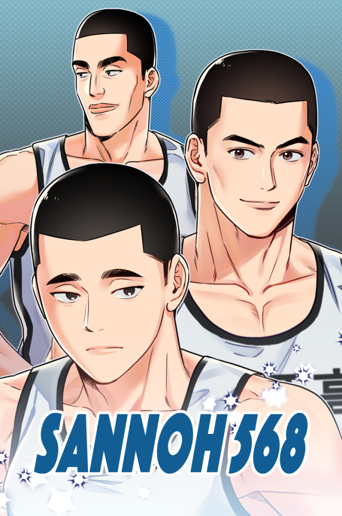 3boys, basketball_jersey, basketball_uniform, black_eyes, black_hair, blue_background, brown_eyes, buzz_cut