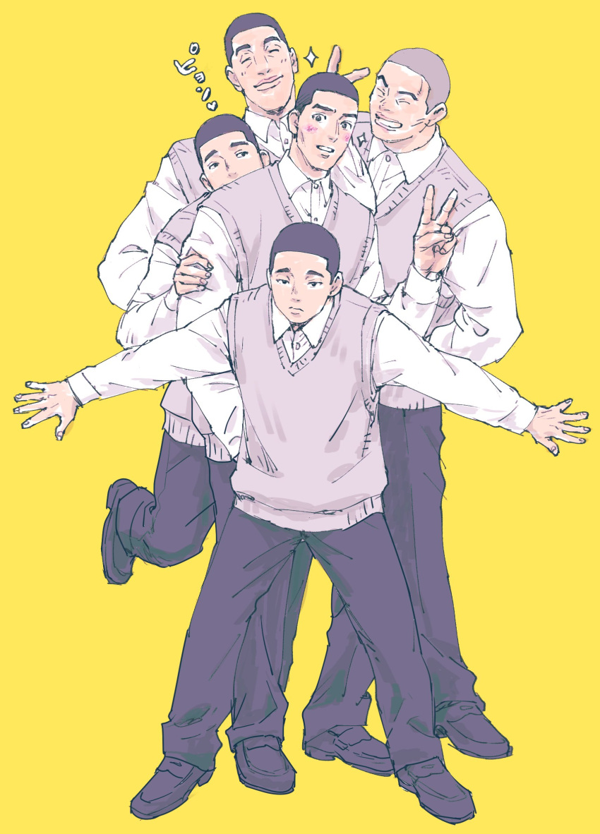 1boy, 5boys, arm_on_another's_shoulder, black_eyes, black_footwear, black_hair, black_pants, blush
