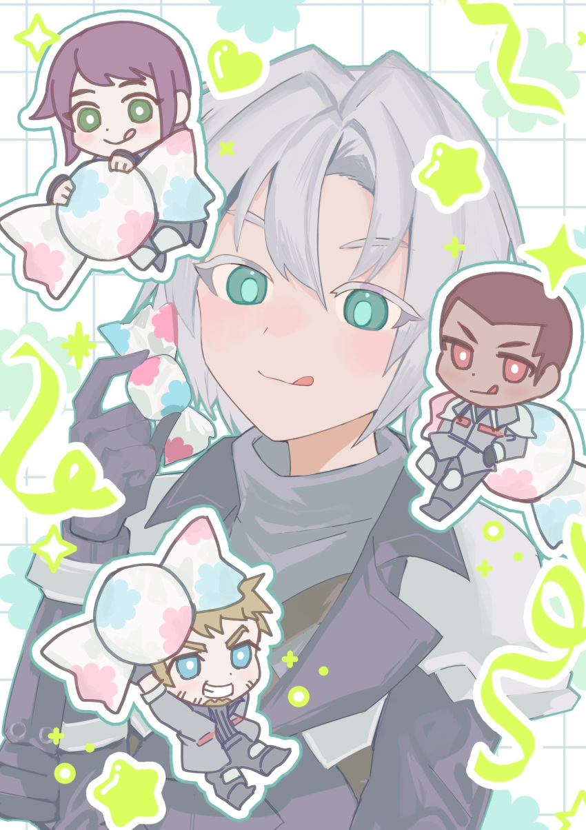 1girl, 3boys, aged_down, arm_armor, armor, arms_up, black_coat, black_footwear, black_gloves, blonde_hair, blue_eyes, boots, bracer, buzz_cut, candy, chest_strap, chibi, chibi_inset, coat, commentary, dark_skin, facial_hair, final_fantasy, final_fantasy_vii, final_fantasy_vii_ever_crisis, food, fujiya, glenn_lodbrok, gloves, green_eyes, grey_hair, grey_jacket, grid_background, grin, hand_up, hands_on_own_hips, heart, highres, hityandayo, holding, holding_candy, holding_food, jacket, knee_pads, leaning, leaning_back, light_smile, long_sleeves, lucia_lin, male_focus, matt_winsord, multiple_boys, oversized_food, oversized_object, pants, pauldrons, purple_hair, red_eyes, sephiroth, short_hair, shoulder_armor, smile, sparkle, star_(symbol), streamers, sweater, symbol-only_commentary, tongue, tongue_out, turtleneck, turtleneck_sweater, upper_body, very_short_hair