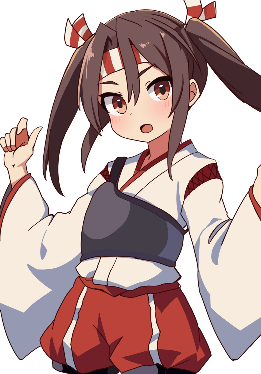 1girl, alternate_hairstyle, brown_eyes, brown_hair, commission, hachimaki, hakama, hakama_shorts