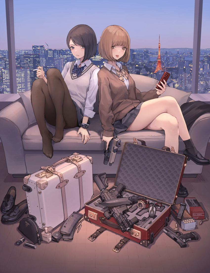 2girls, absurdres, black_hair, black_pantyhose, blue_bow, blue_bowtie, blue_skirt, bow, bowtie, brown_bow, brown_bowtie, brown_eyes, brown_hair, brown_jacket, cigarette, expressionless, gun, handgun, highres, jacket, koh_(minagi_kou), multiple_girls, original, pantyhose, prada_(brand), rifle, school_uniform, shirt, shoes, skirt, smoking, suitcase, thighs, tongue, tongue_out, unworn_shoes, watch, watch, weapon, weapon_request, white_jacket, white_shirt
