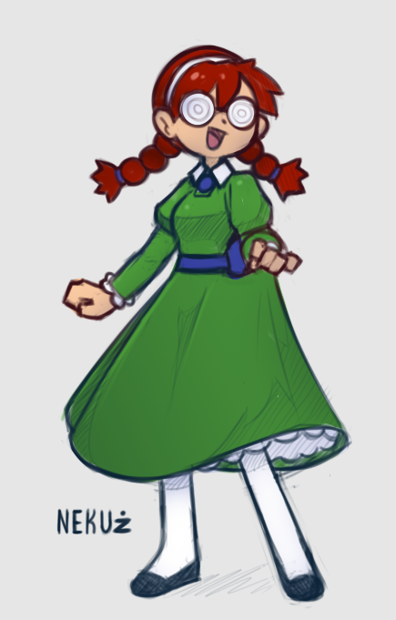 1girl, :d, artist_name, back_bow, blue_bow, bow, braid, breasts, coke-bottle_glasses, collared_dress, commentary, dress, flats, full_body, glasses, green_dress, grey_background, hair_between_eyes, hairband, juliet_sleeves, long_hair, long_sleeves, looking_at_viewer, mario_power_tennis, mario_tennis, neku_zx, opaque_glasses, open_mouth, pantyhose, petticoat, potato_(mario_power_tennis), puffy_sleeves, redhead, shoes, signature, simple_background, smile, solo, standing, super_mario_bros., twin_braids, twintails, white_pantyhose
