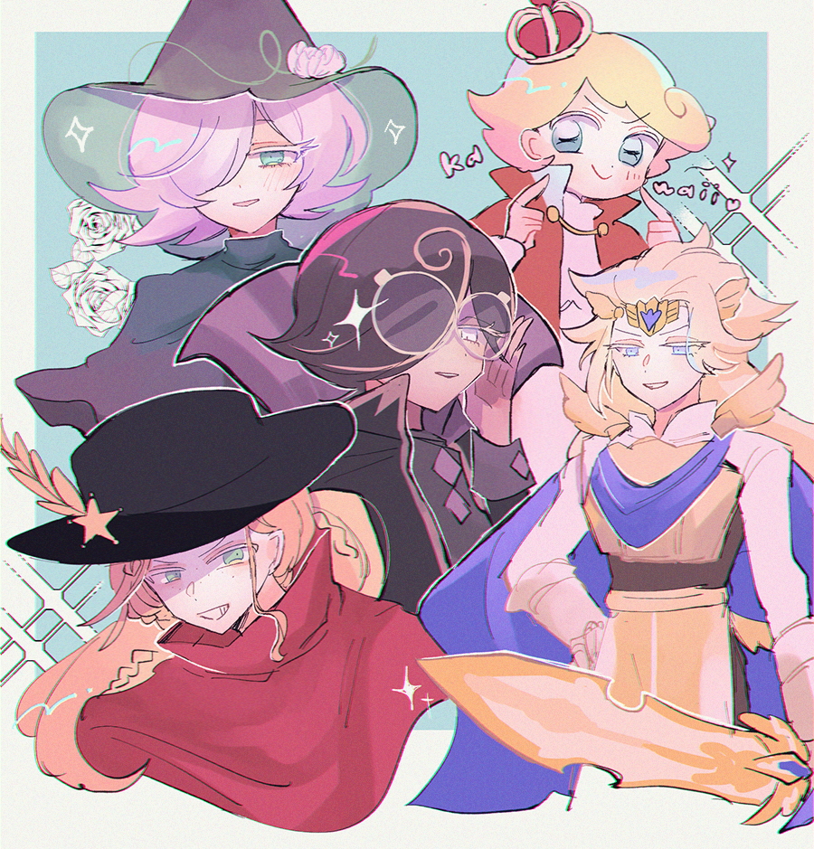 1girl, 4boys, blonde_hair, blush, brown_hair, clover_cookie, cookie_run, crown
