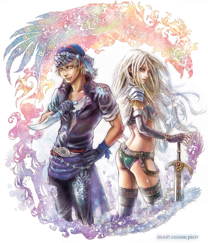 back-to-back, bandana, bird, blonde_hair, cape, celes_chere, cocoon_(yuming4976), elbow_gloves