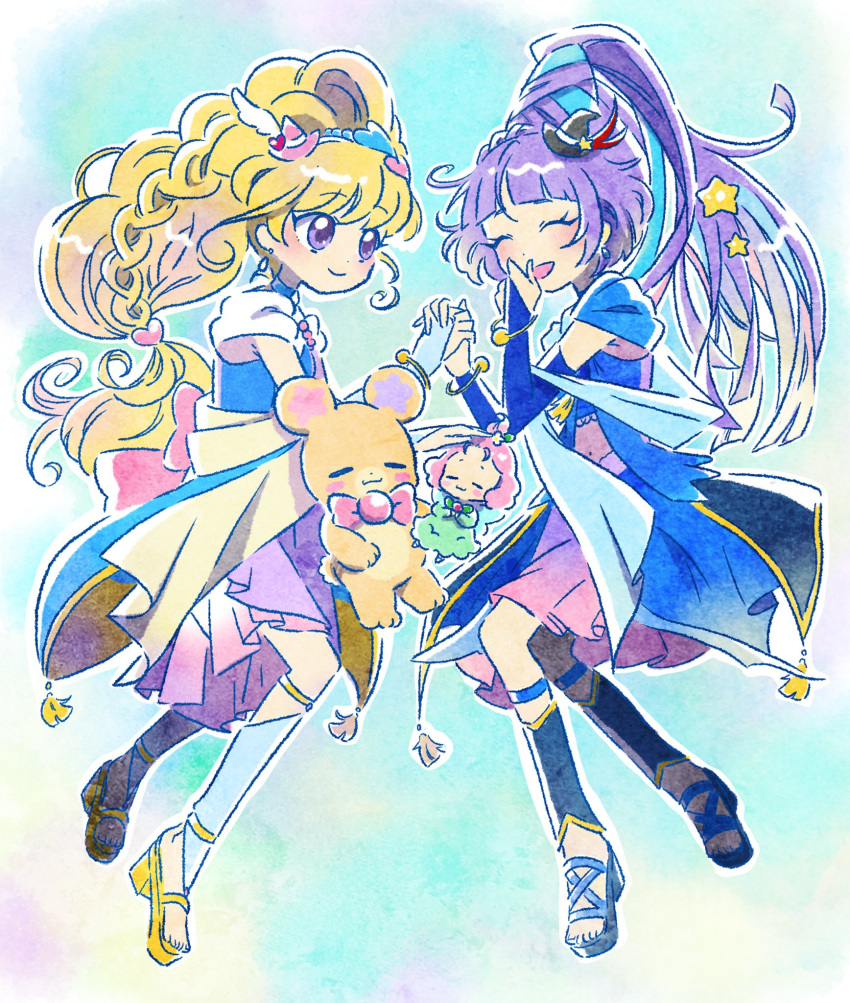 2girls, asahina_mirai, blonde_hair, blue_choker, bow, bridal_gauntlets, brooch, choker