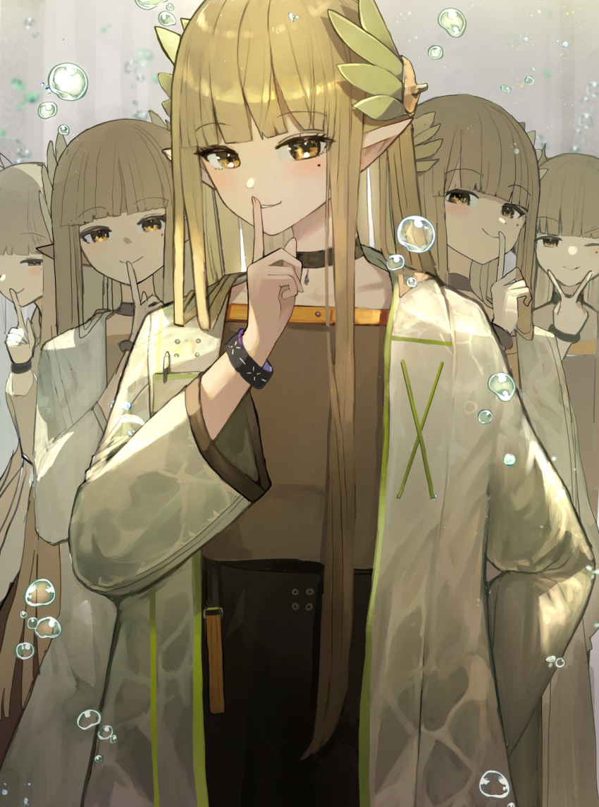 arknights, brown_eyes, brown_hair, clone, coat, highres, index_finger_raised, kojica_(kojica45)