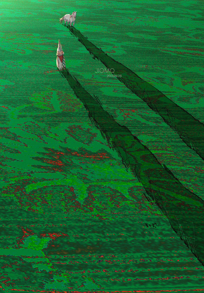1other, abstract_background, artist_name, black_eyes, blush_stickers, bodysuit, buttons, checkered_bodysuit, checkered_clothes, chinese_commentary, clown, commentary_request, dated, full_body, green_background, green_bodysuit, highres, horse, jiomo, long_shadow, looking_ahead, multicolored_bodysuit, multicolored_clothes, neck_ruff, original, pointy_hat, red_bodysuit, shadow, sleeveless, sleeveless_bodysuit, solid_circle_eyes, white_bodysuit, white_headwear, wide_shot