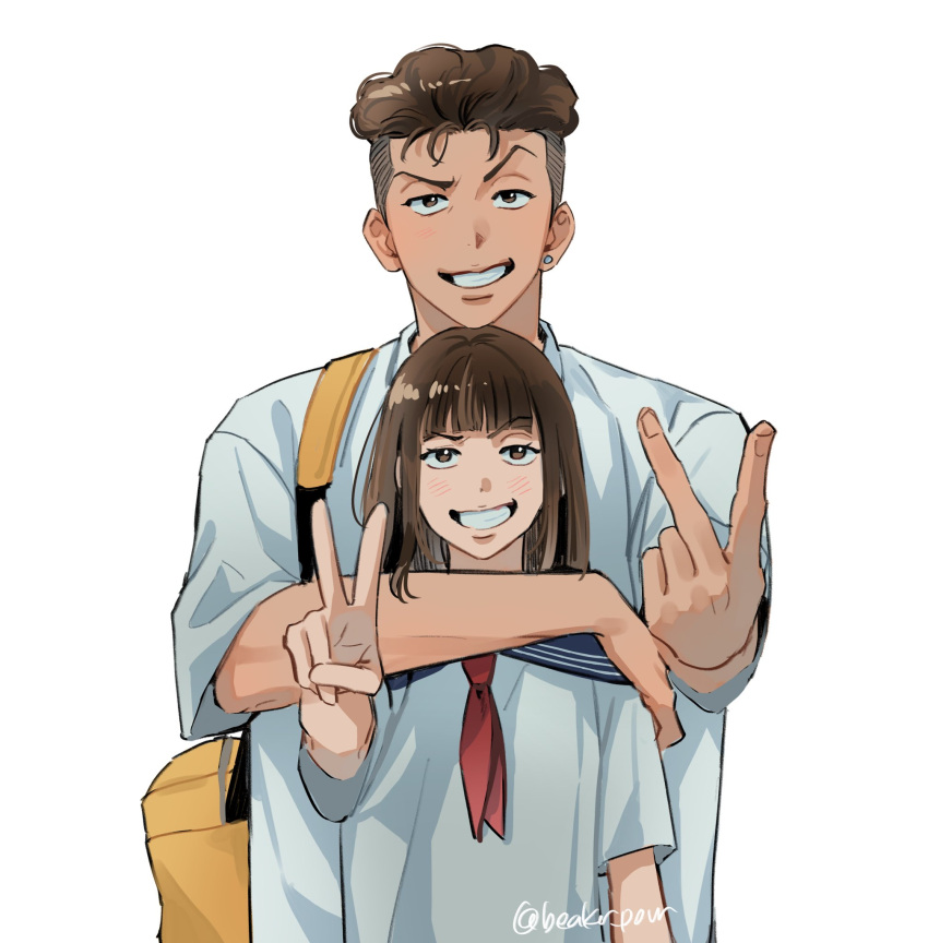 1boy, 1girl, bag, beaker_pour, brother_and_sister, brown_eyes, brown_hair, collared_shirt