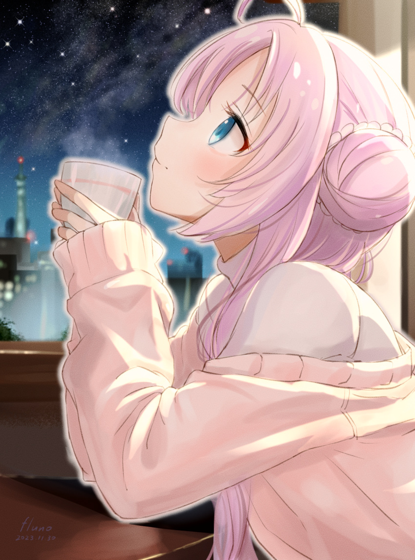 1girl, absurdres, ahoge, akeuchi_yuu, artist_name, blue_eyes, cardigan, closed_mouth, cup, dated, elbow_rest, fluno, hair_bun, highres, holding, holding_cup, hoshikuzu_telepath, long_hair, long_sleeves, looking_up, night, night_sky, off_shoulder, pink_cardigan, pink_hair, profile, shirt, sky, solo, star_(sky), starry_sky, table, tokyo_(city), tokyo_skytree, turtleneck, upper_body, white_shirt, window