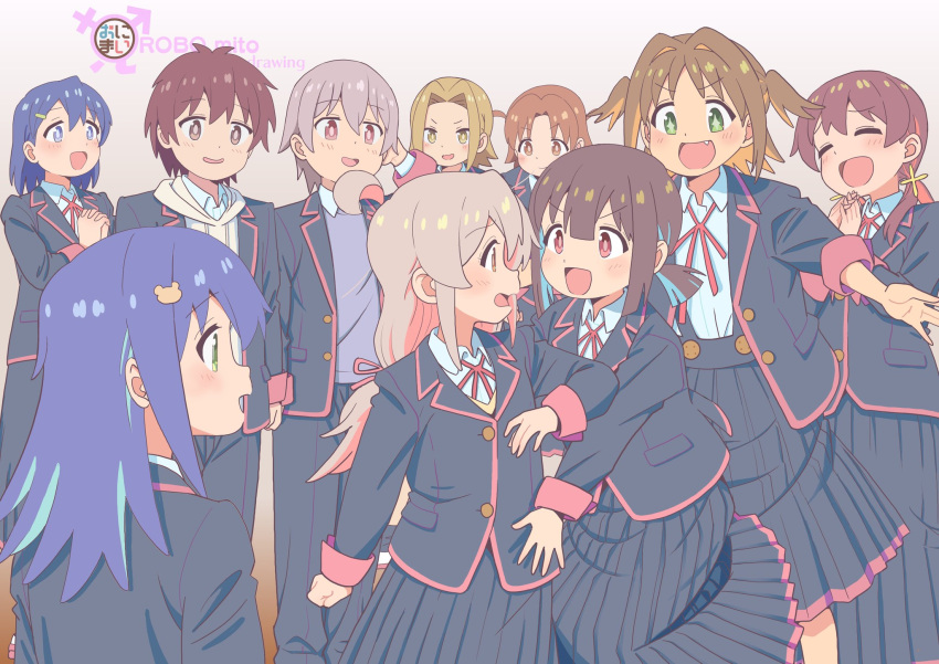 +_+, 2boys, 6+girls, =_=, ahoge, blue_eyes, blue_hair, blush