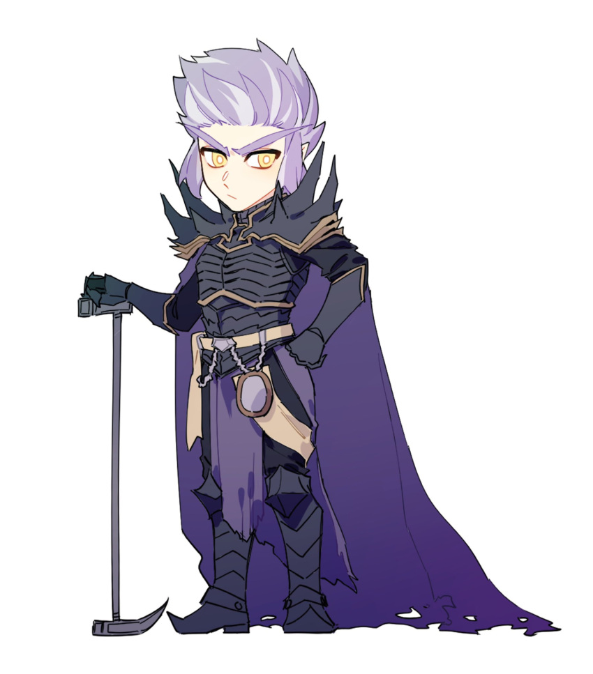 1boy, armor, breastplate, cape, closed_mouth, frown, full_body, gauntlets, greaves, hammer, highres, holding, holding_weapon, long_eyebrows, maiucal, male_focus, pathfinder, pauldrons, purple_cape, purple_hair, regill_(pathfinder), short_hair, shoulder_armor, simple_background, solo, spiked_pauldrons, standing, v-shaped_eyebrows, weapon, white_background, yellow_eyes