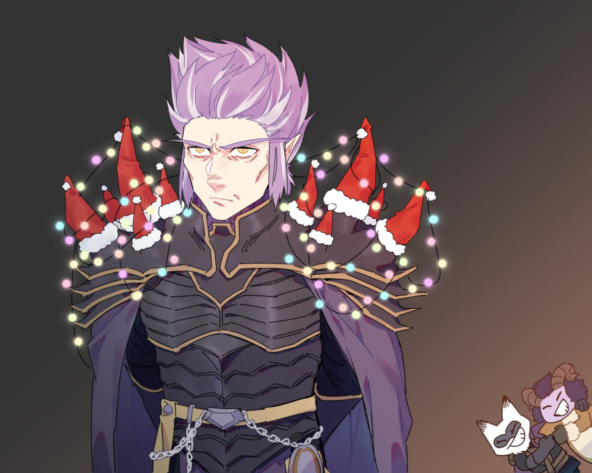 1girl, 2boys, ^_^, animal_costume, armor, arms_behind_back, black_background, breastplate