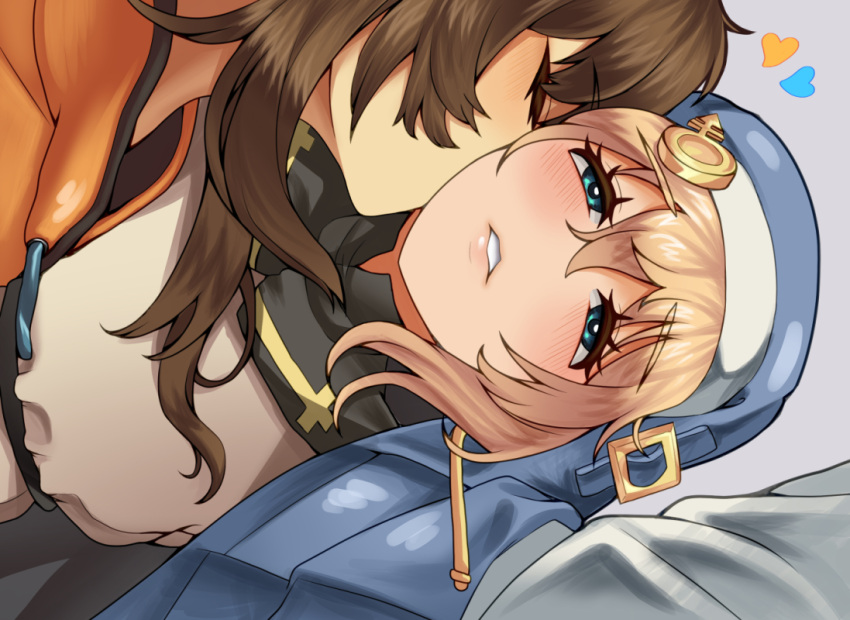 2girls, androgyne_symbol, blonde_hair, blush, bridget_(guilty_gear), brown_hair, green_eyes, guilty_gear