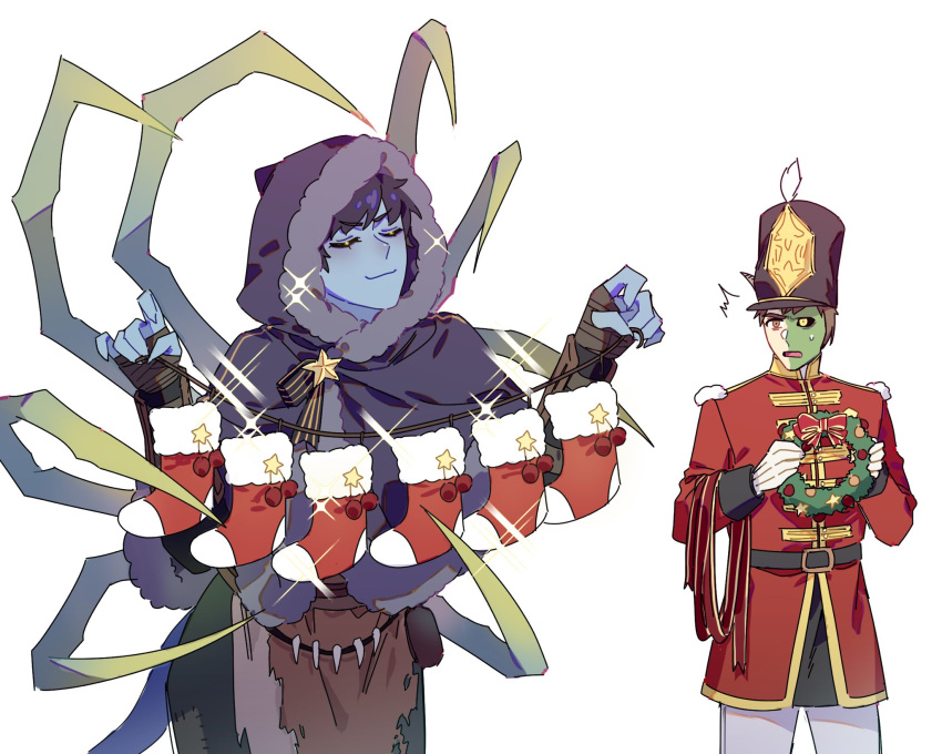 1boy, 1girl, arthropod_girl, black_capelet, black_gloves, black_hair, black_headwear, blue_skin, brown_eyes, capelet, christmas_stocking, christmas_wreath, closed_eyes, closed_mouth, colored_skin, fingerless_gloves, gloves, green_skin, hat, heterochromia, highres, holding, hood, hood_up, jacket, lann_(pathfinder), long_sleeves, maiucal, open_mouth, pants, pathfinder, red_jacket, short_hair, simple_background, smile, sparkle, spider_girl, sweatdrop, v-shaped_eyebrows, vambraces, wenduag, white_background, white_gloves, white_pants, wreath
