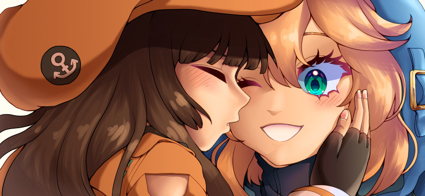 2girls, absurdres, black_gloves, blonde_hair, blush, bridget_(guilty_gear), brown_hair, cabbie_hat