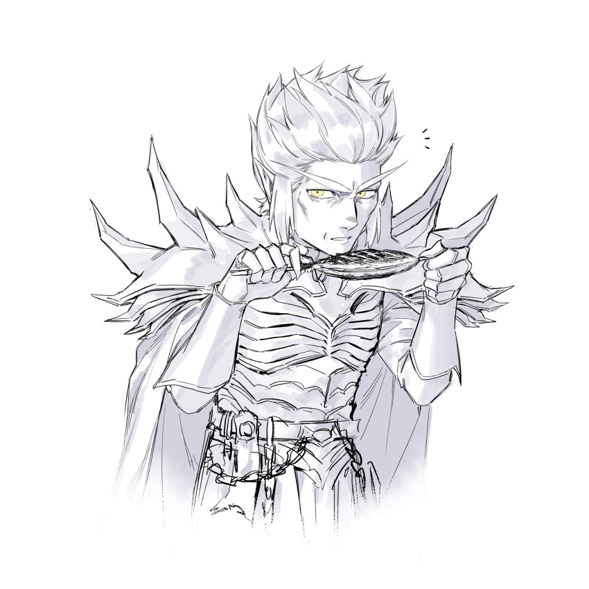 1boy, armor, belt, breastplate, cape, food, gauntlets, greyscale