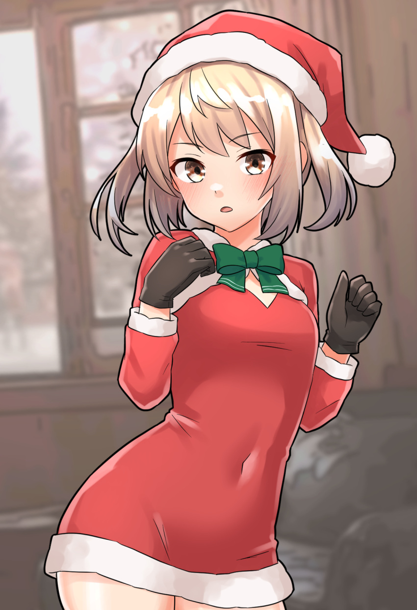1girl, black_gloves, breasts, dress, fur-trimmed_dress, fur-trimmed_headwear, fur-trimmed_sleeves, fur_trim