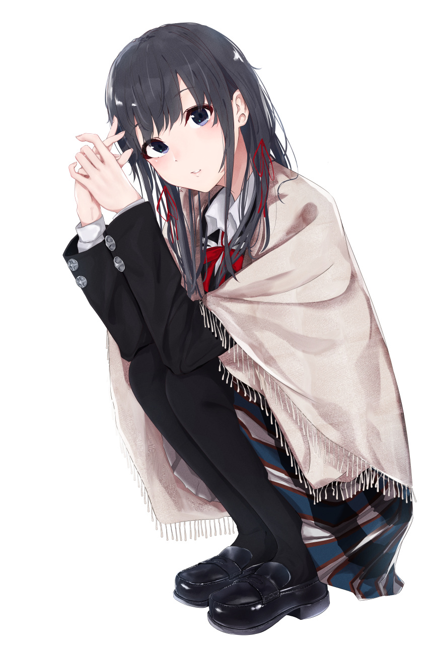 1girl, absurdres, black_footwear, black_hair, black_jacket, black_pantyhose, blazer, blue_eyes