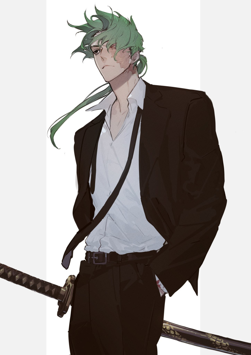 1boy, belt, black_belt, black_eyes, black_jacket, black_necktie, black_pants, black_suit